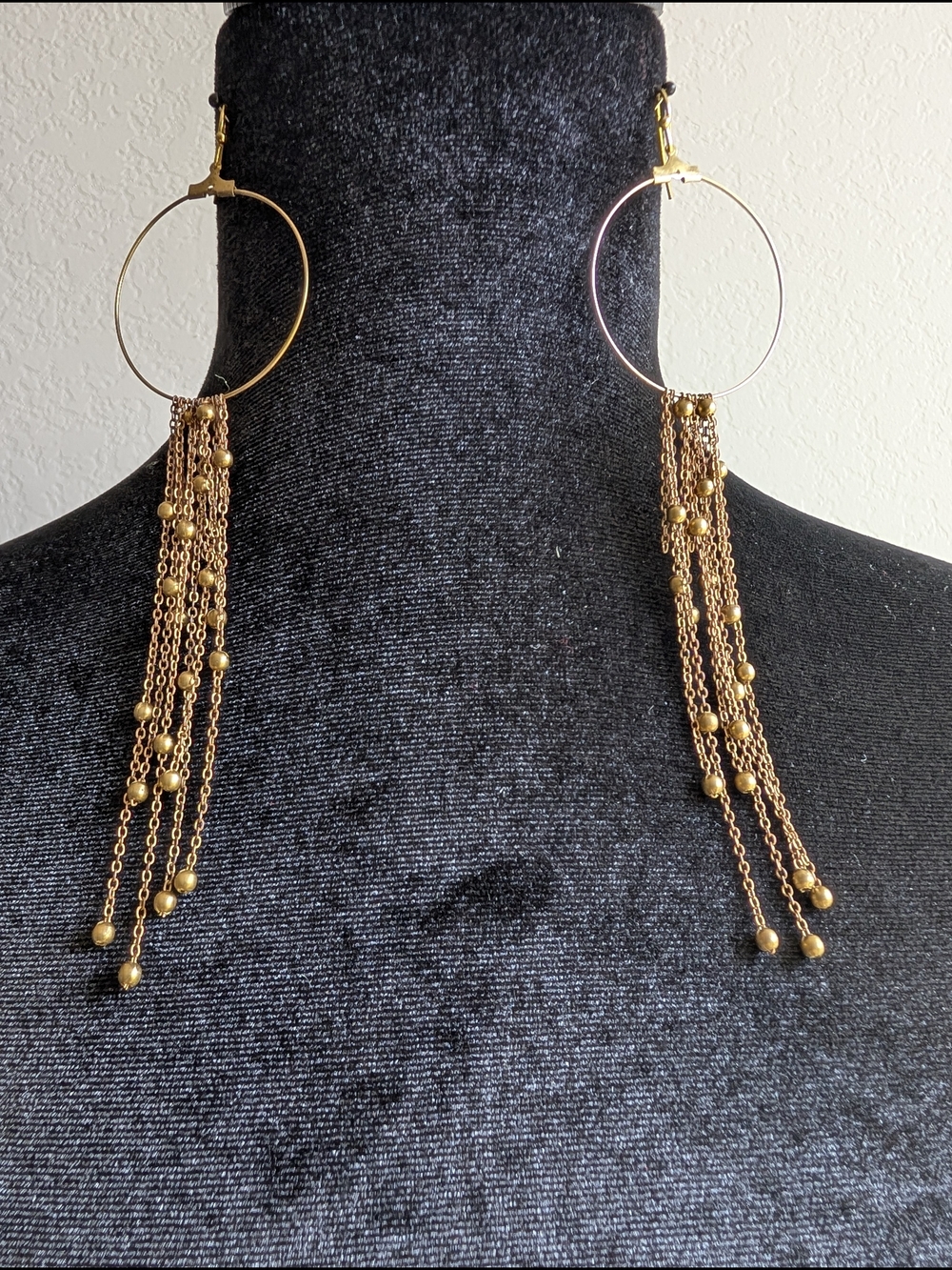 Handmade Statement Making Brass Hoop Chain Fringe Earrings - 6 Inch Drop